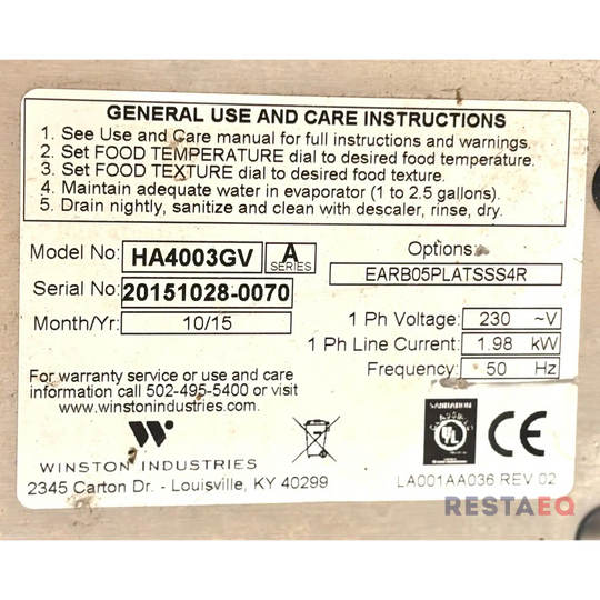 Winston lämpökaappi CVap HA 4003 GV - Winston