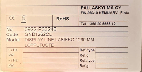 Kylmävitriini itsepalvelumalli 1260 Display line lasikko