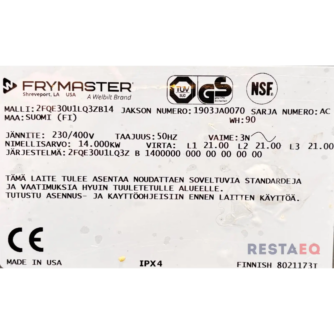 Automaattirasvakeitin Frymaster 2FQE30U1LQ3ZB14 - Frymaster