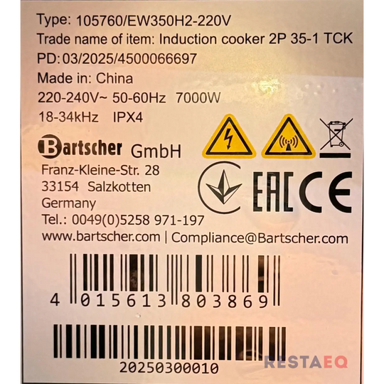 Induktioliesi Bartscher 2P 35-1 TCK 7KW 400V - Bartscher